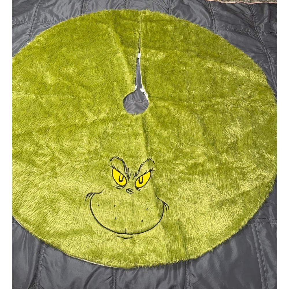 Dr Seuss The Grinch Christmas Tree Skirt Green Faux Fur Embroidered Face Ruz